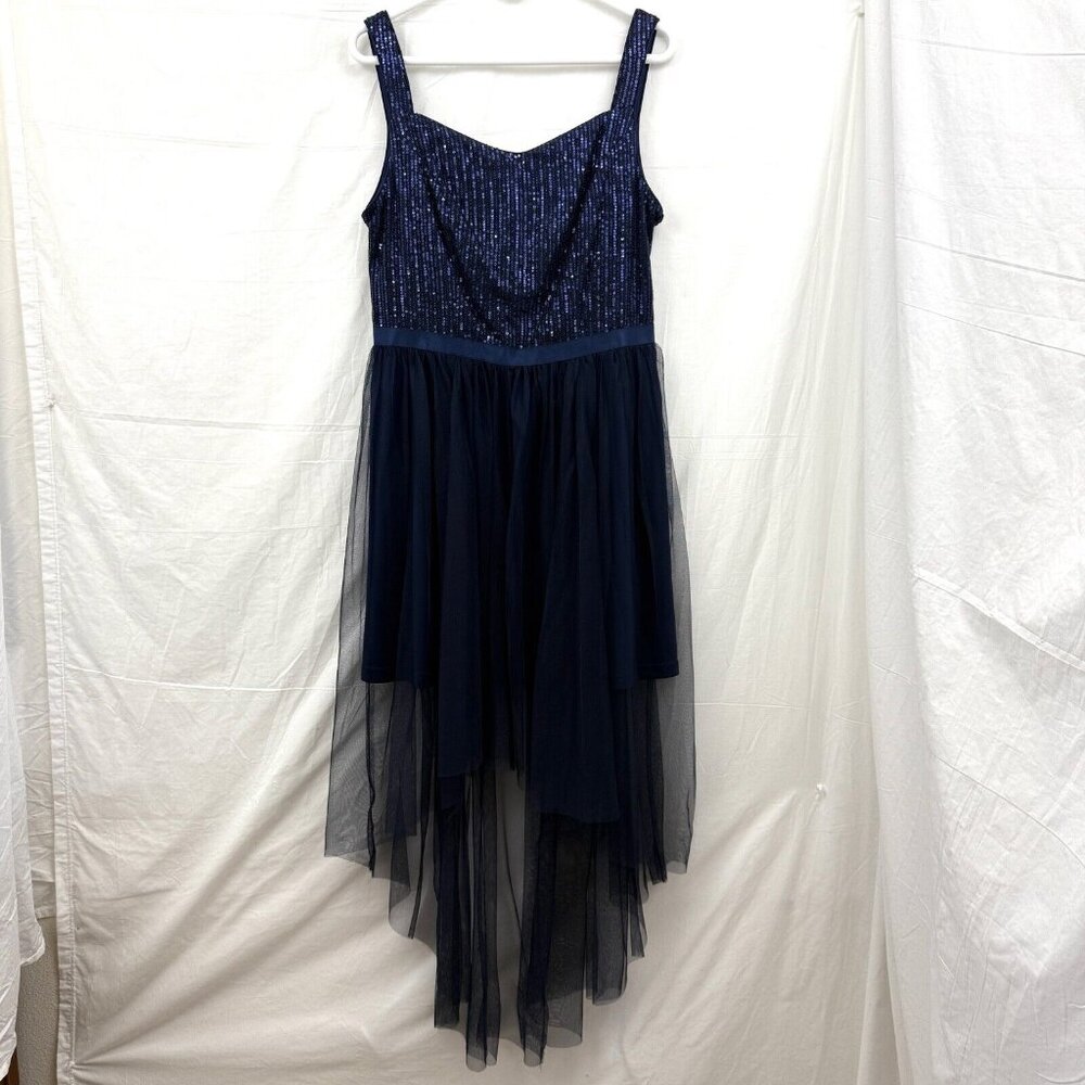 Knee Length Dress w/Tule Hi-Low Overlay Sequin Top Women XL Blue Dressystar
